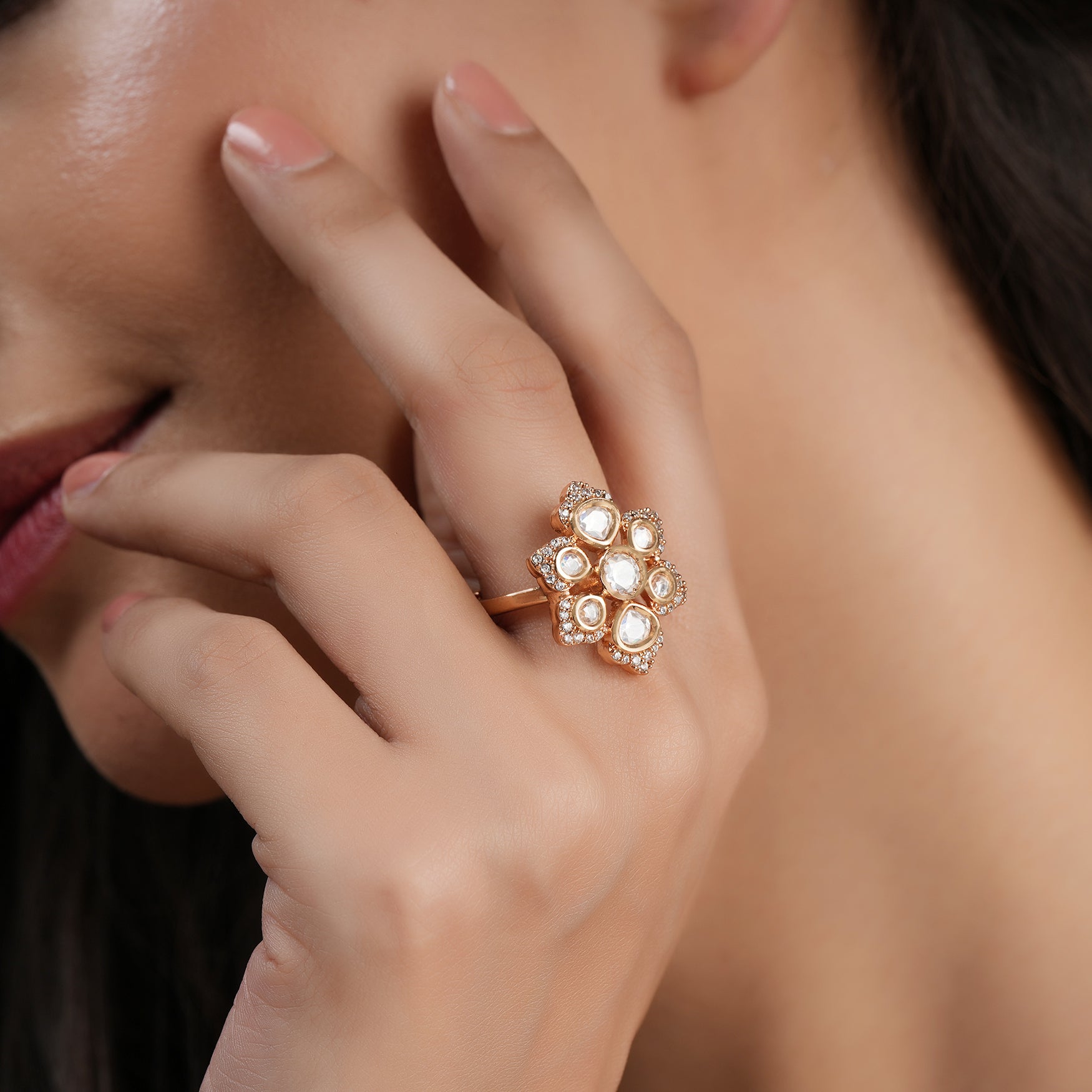 Cute gold plated kundan floral finger ring for women