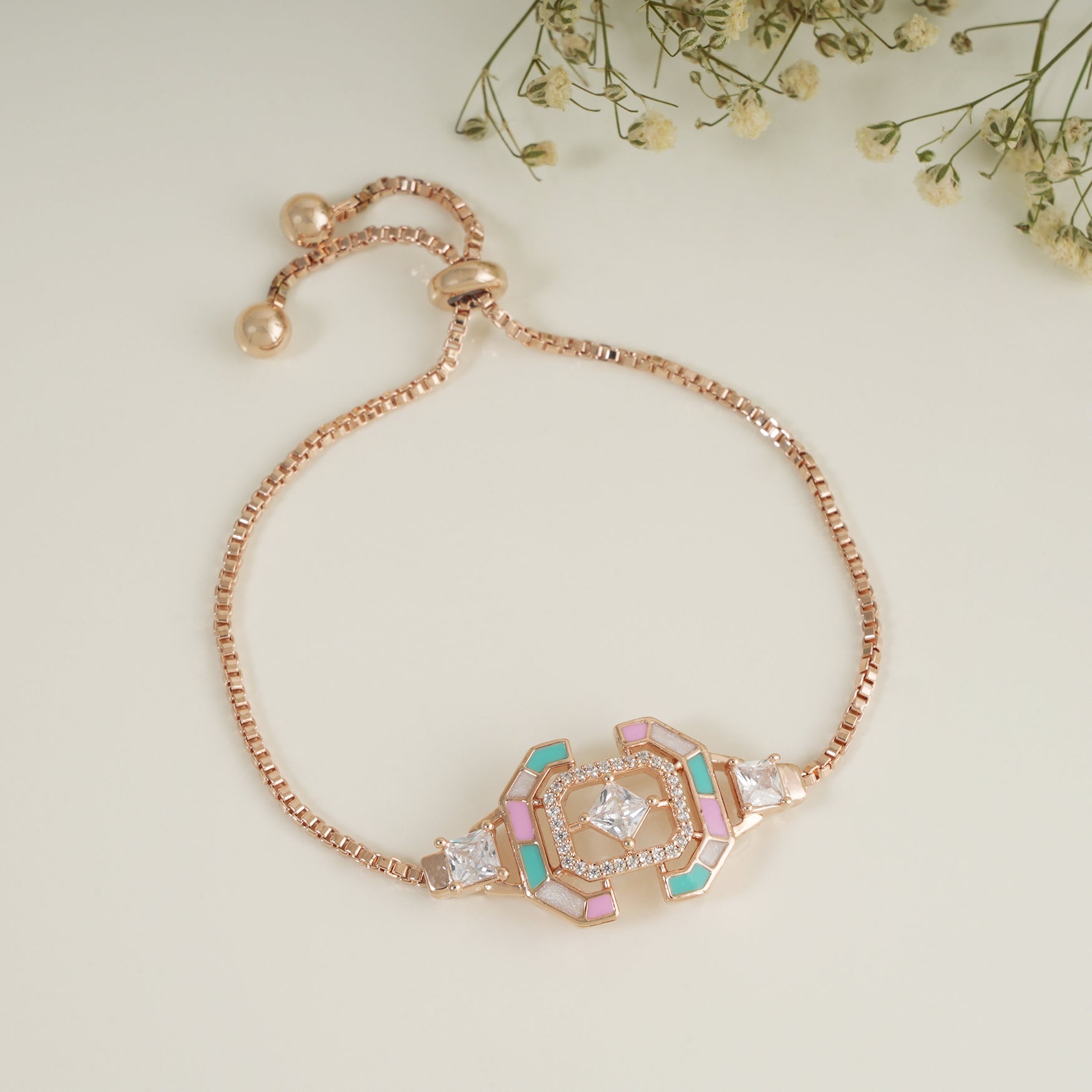 Cute meenakari free size rose gold bracelet pink blue
