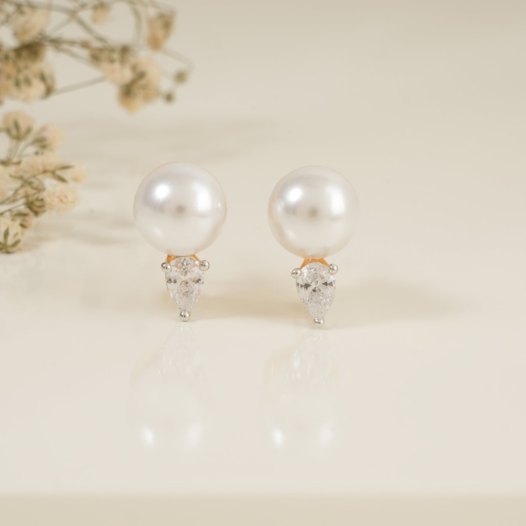 Cute diamond drop pearl gold plated stud earring