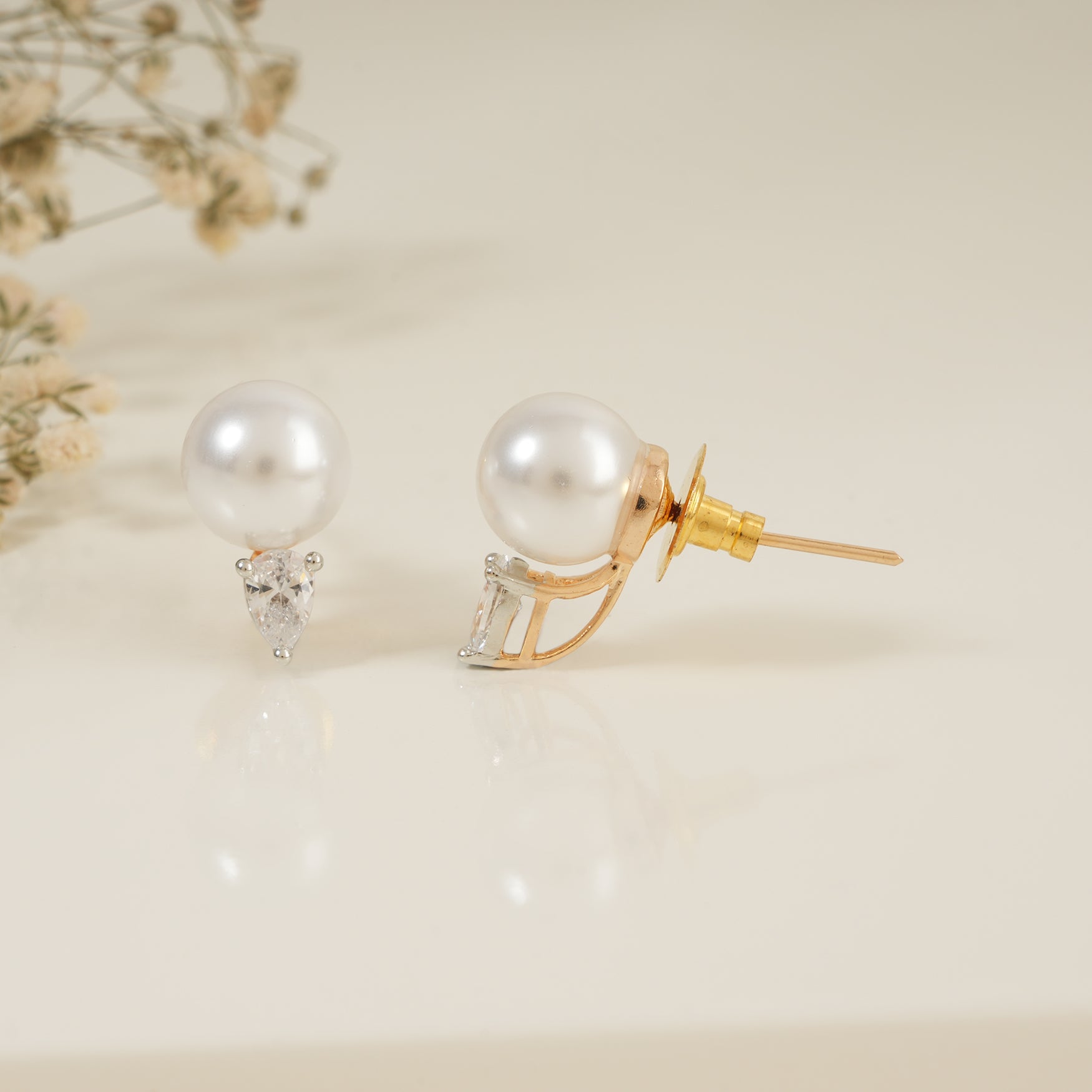 Cute diamond drop pearl gold plated stud earring