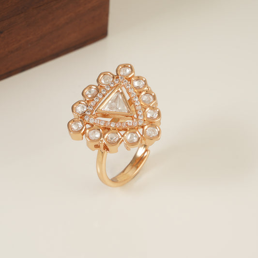 Stunning triangular kundan gold plated ring