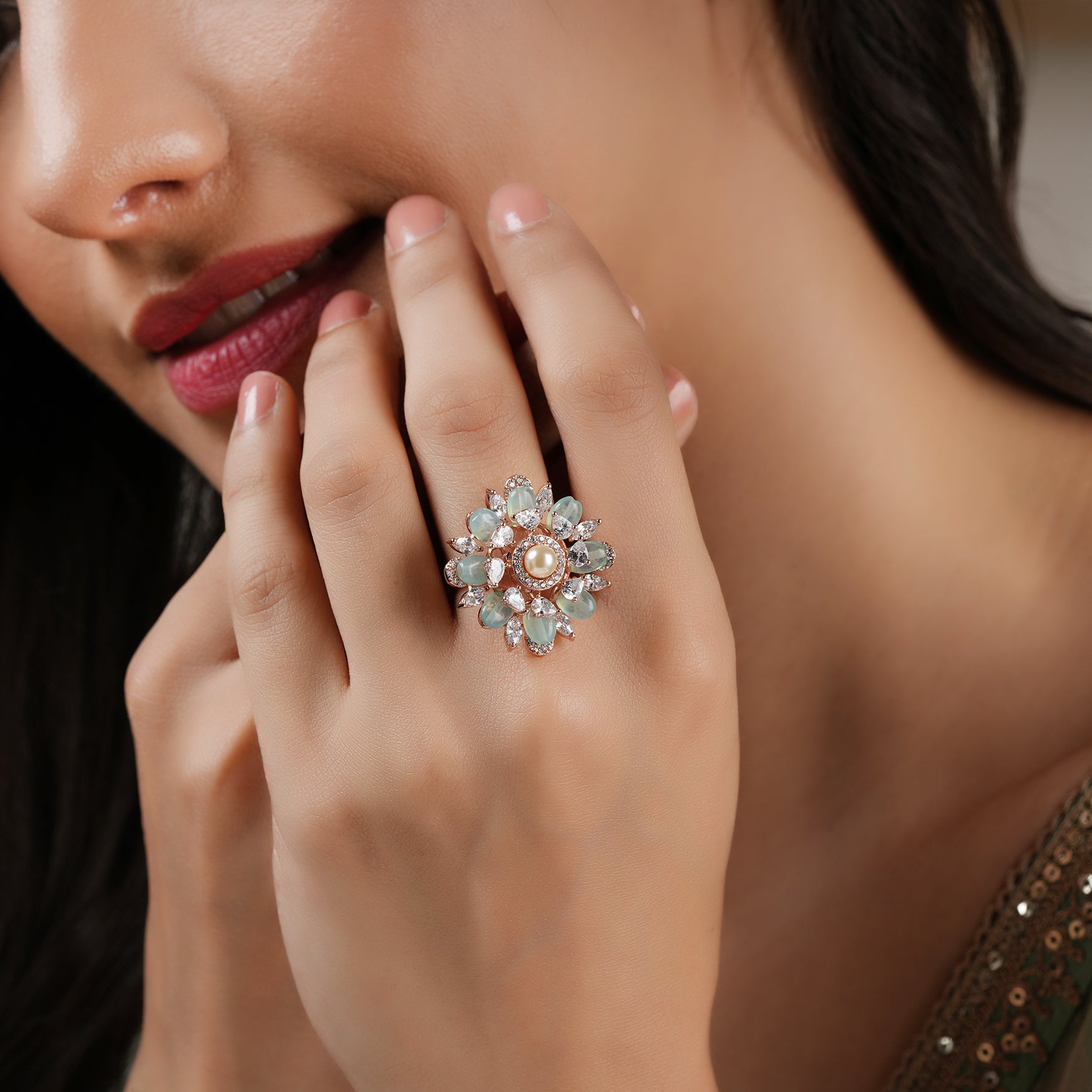 Cute cz diamond floral beaded finger ring