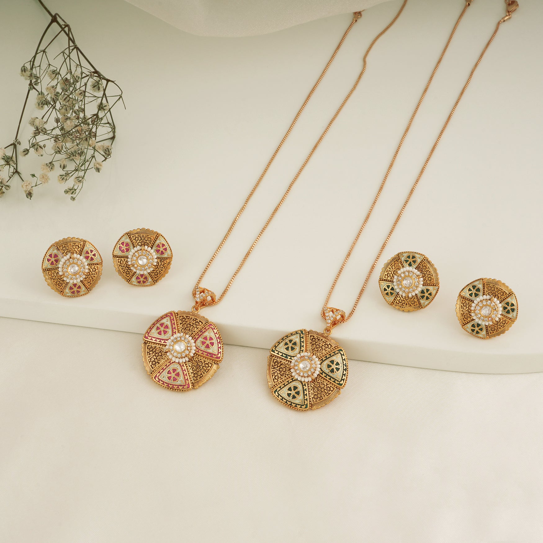 Gold plated meenakari round pendant set