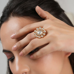 Gold plated oval kundan finger ring