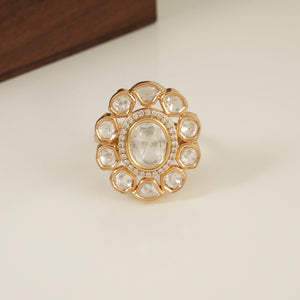 Gold plated oval kundan finger ring