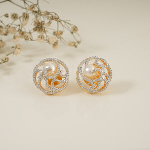 Gold plated cz diamond round intricate pearl stud