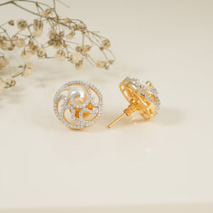 Gold plated cz diamond round intricate pearl stud