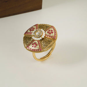 Stunning round gold plated bold meenakari finger ring