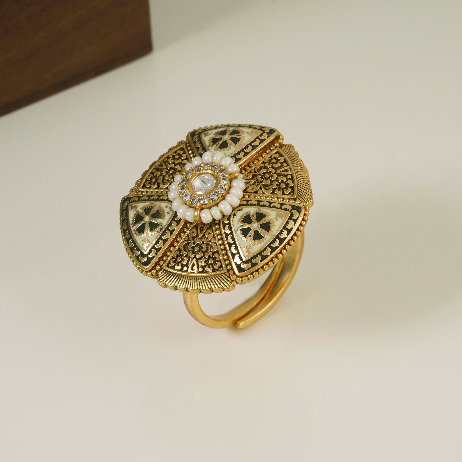 Stunning round gold plated bold meenakari finger ring