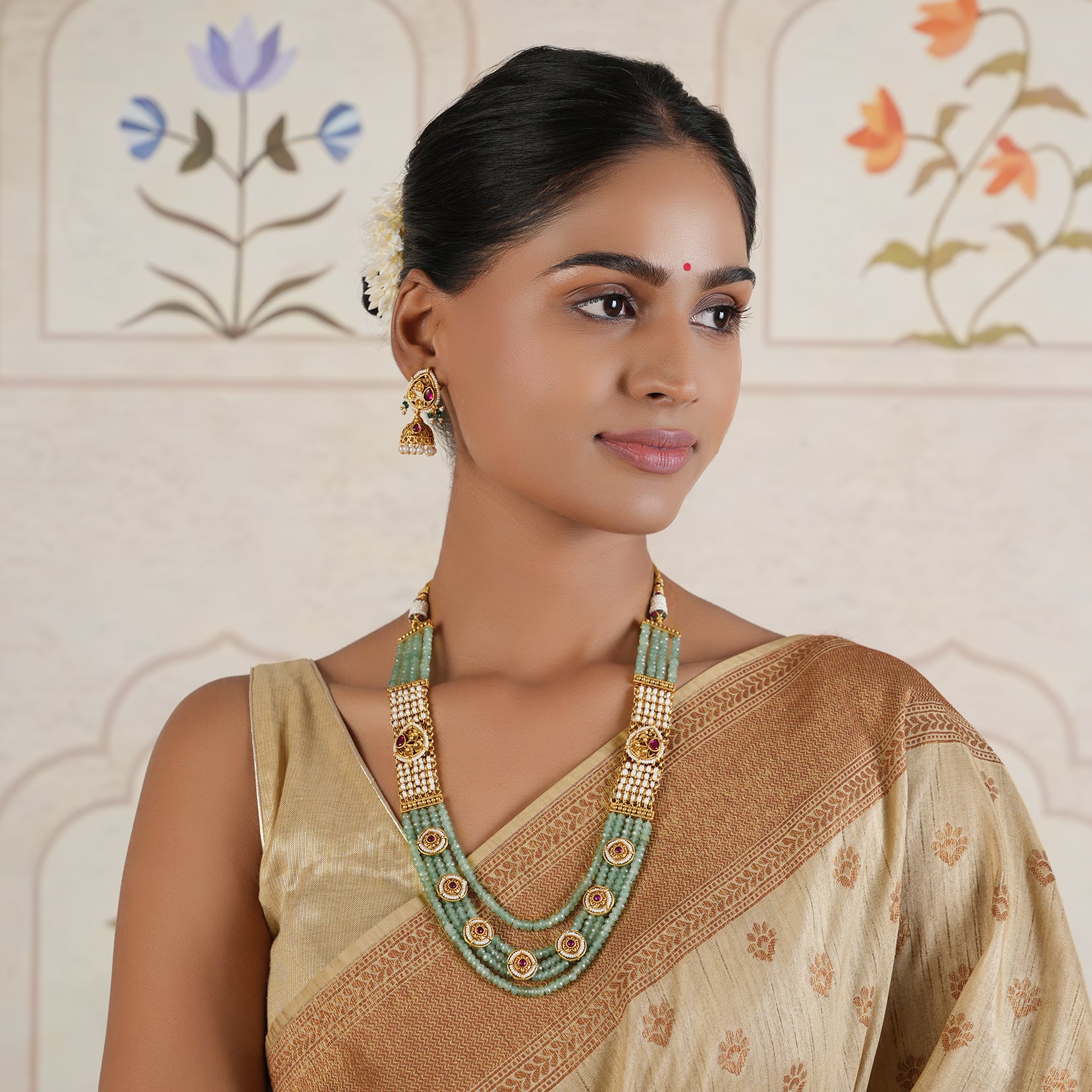 Stunning green stone long necklace set with jhumka earring