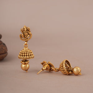 Auspicious antique gold ganesh pendant set with earring I Temple Jewellery