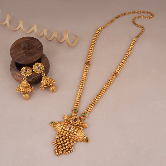 Cute long antique gold necklace set with jhumka earring