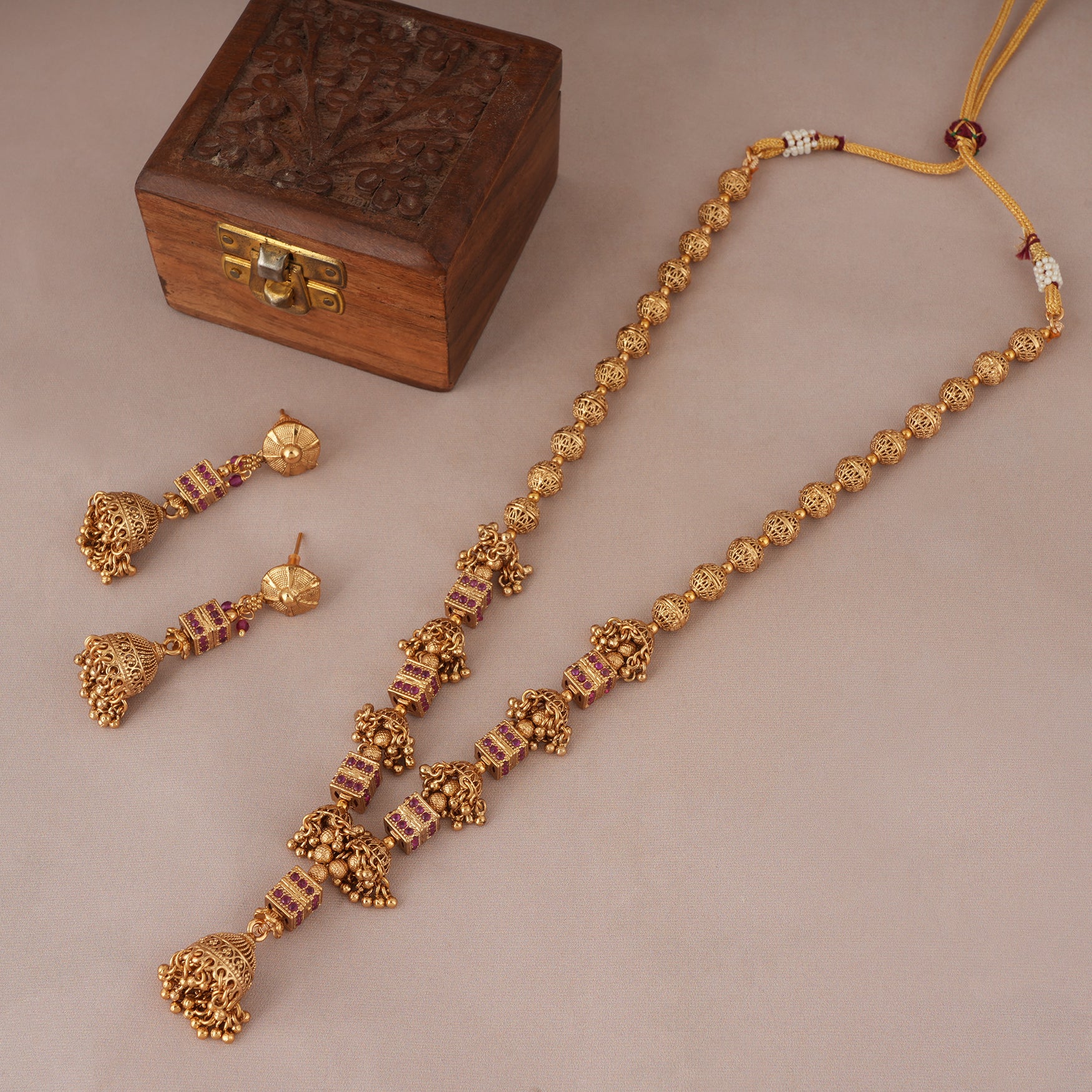 Long antique gold jhumka fall necklace set with earring smarsjewelrys
