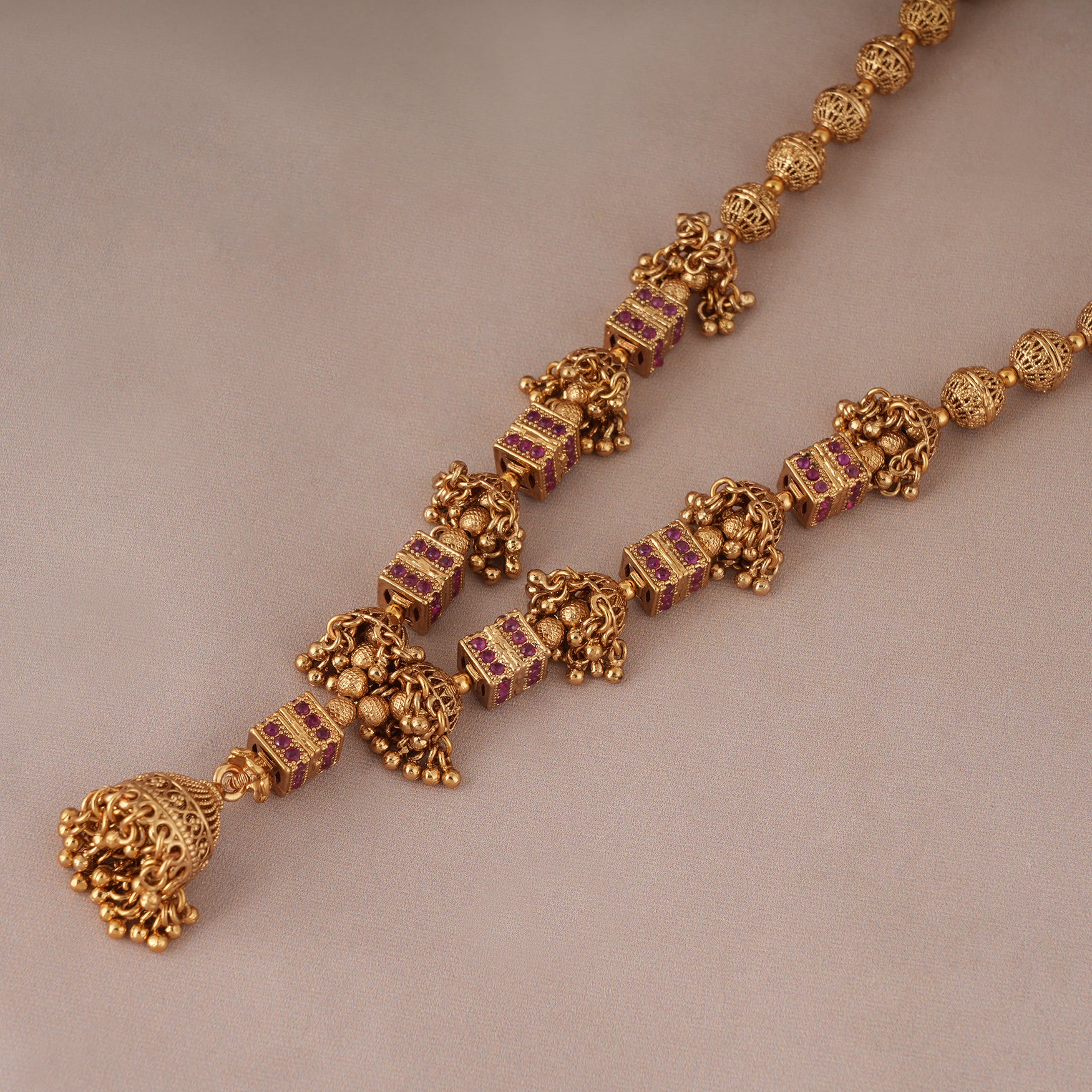 Long antique gold  jhumka fall necklace set with earring