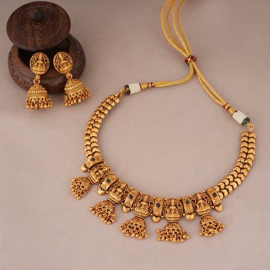 Stunning antique gold maa lakshmi jhumka drop necklace set I Temple Jewellery