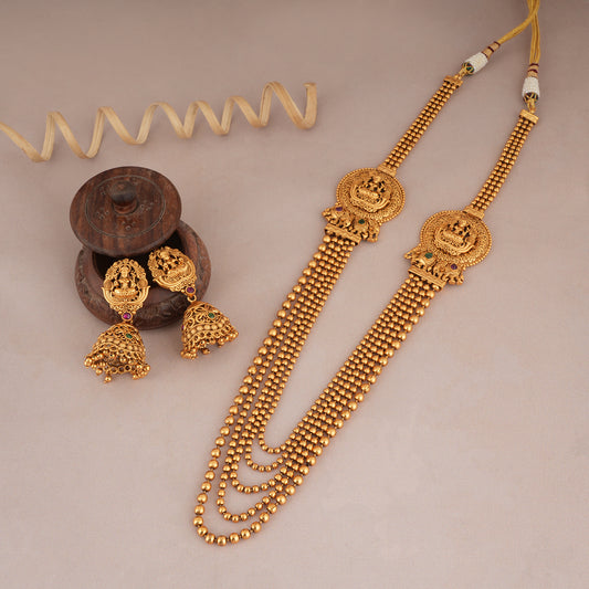 Beautiful  antique gold long antique gold Maa Lakshmi necklace set I Temple Jewellery