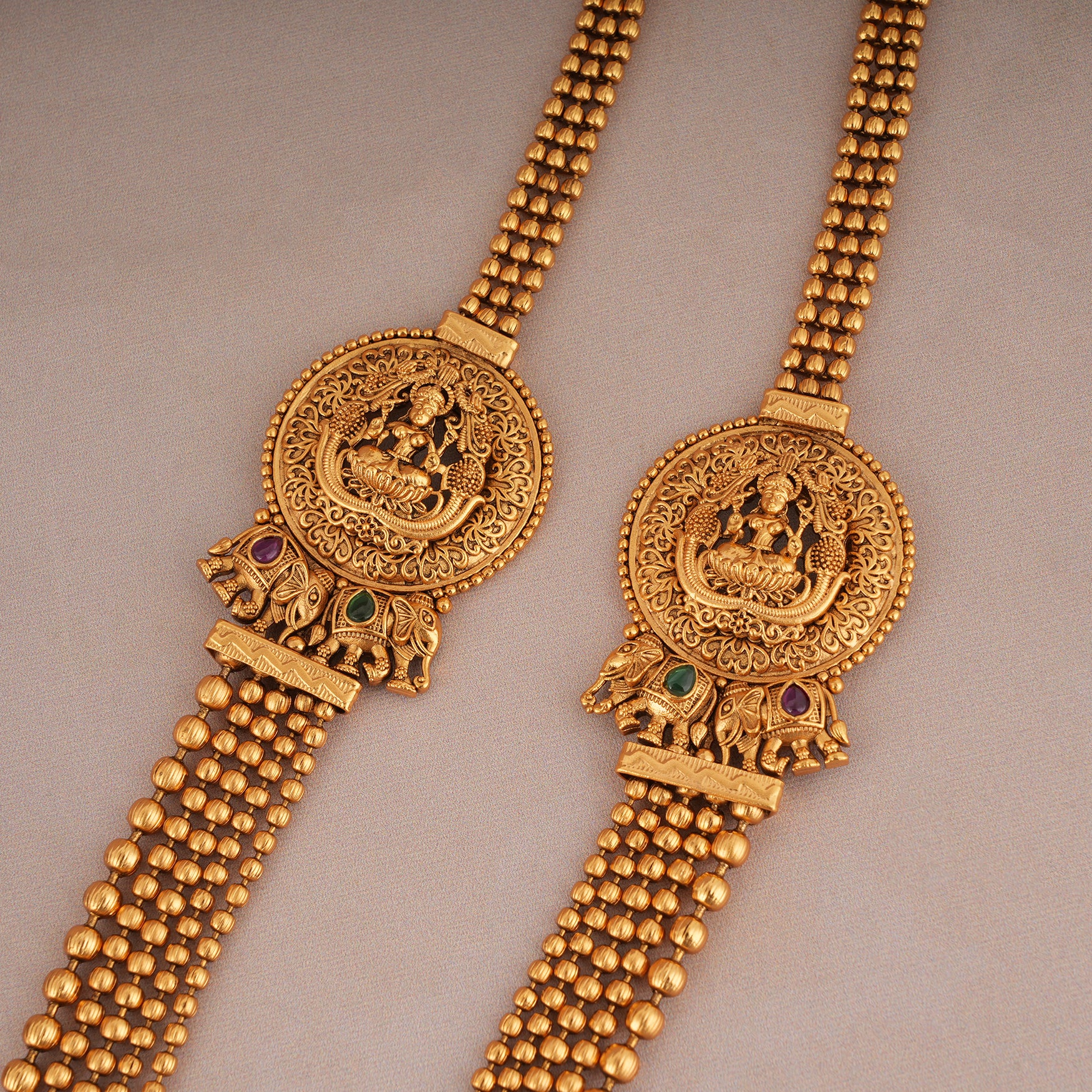 Beautiful  antique gold long antique gold Maa Lakshmi necklace set I Temple Jewellery