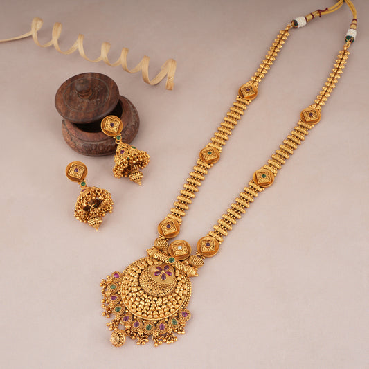 Beautiful long antique gold stone necklace set with jhumka earring