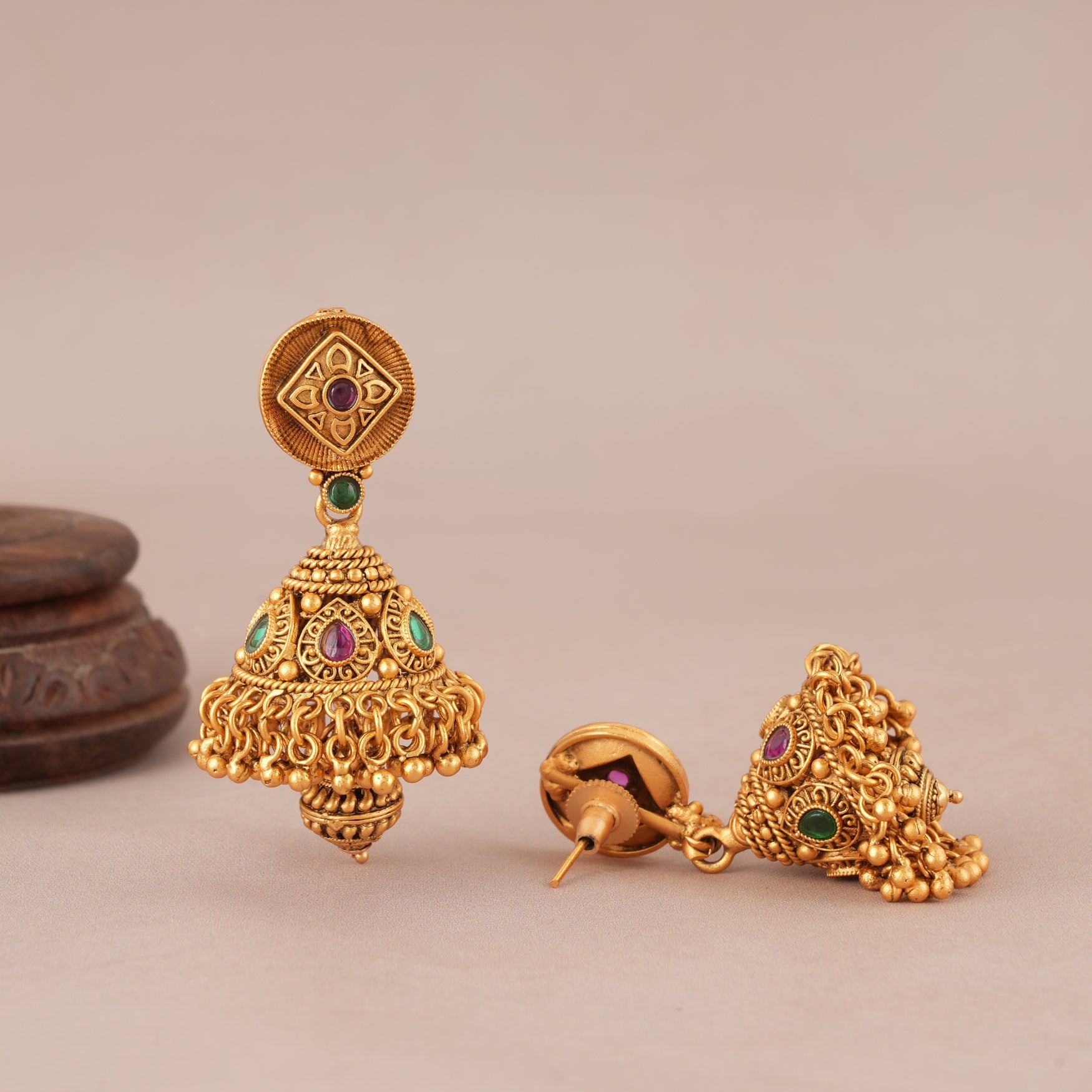 Beautiful long antique gold stone necklace set with jhumka earring