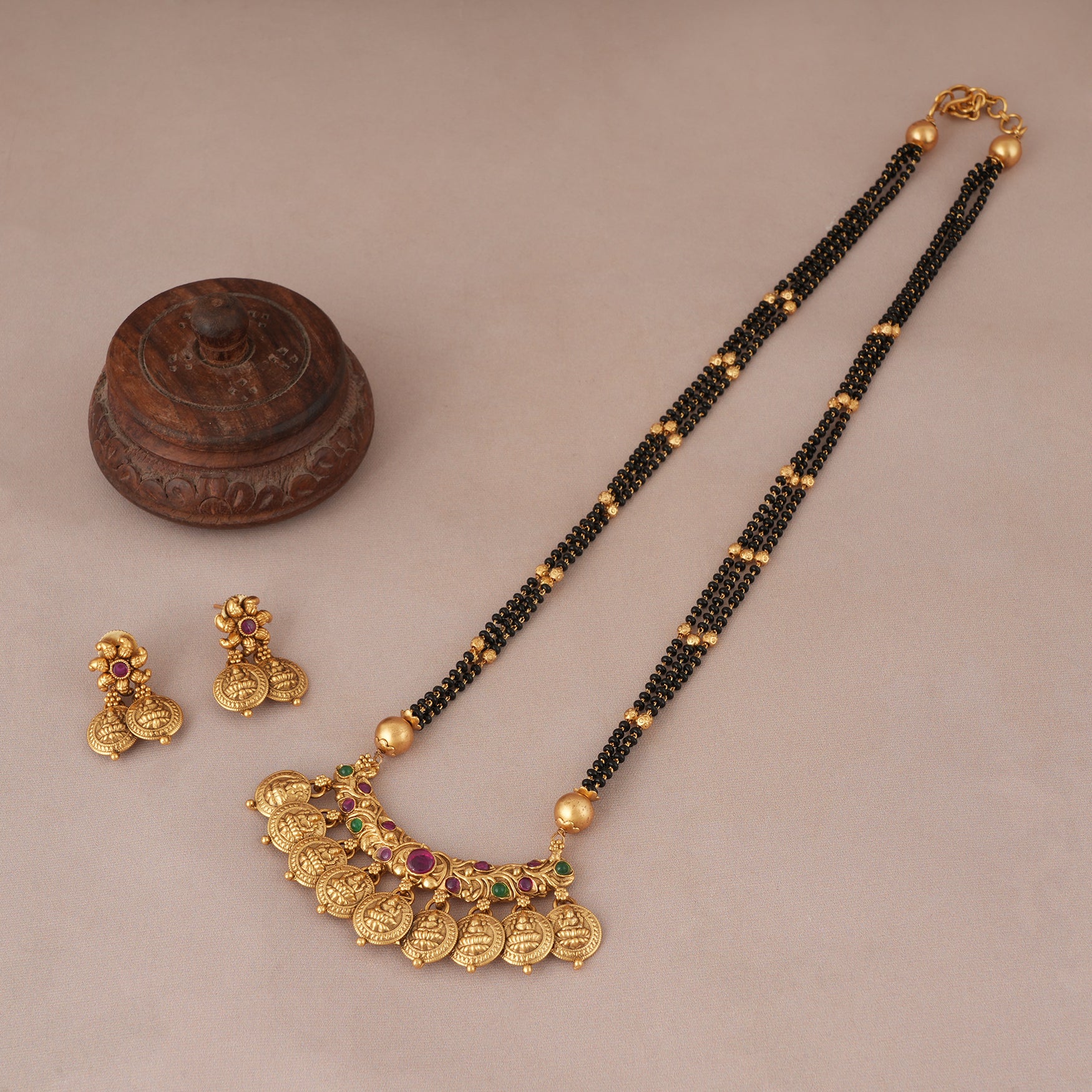 Stunning long antique gold maa lakshmi mangalsutra set for women I Temple Jewellery