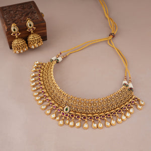 Royal antique gold kundan drop choker set with jhumka earring