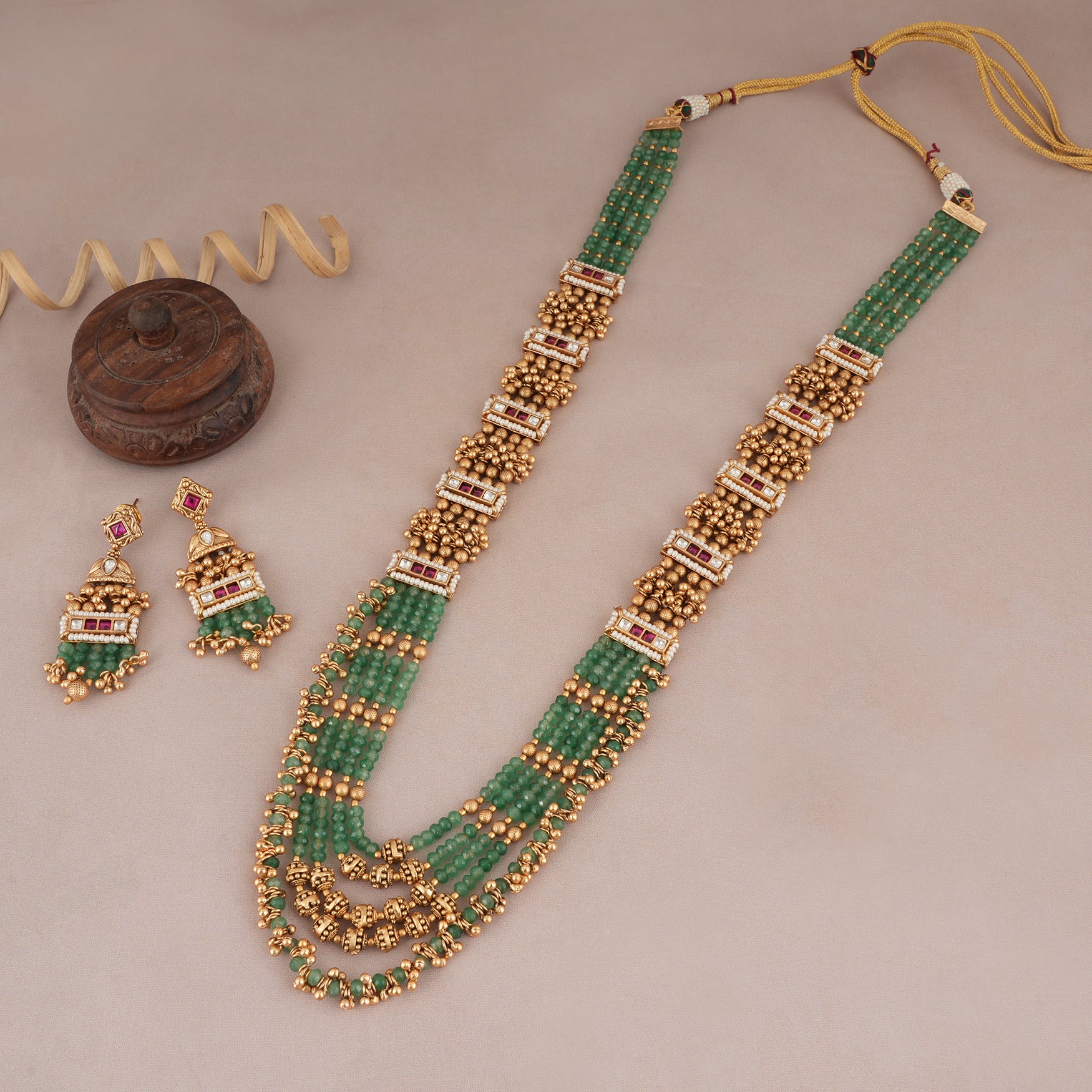 Long antique gold stunning ruby necklace set with beautiful earring