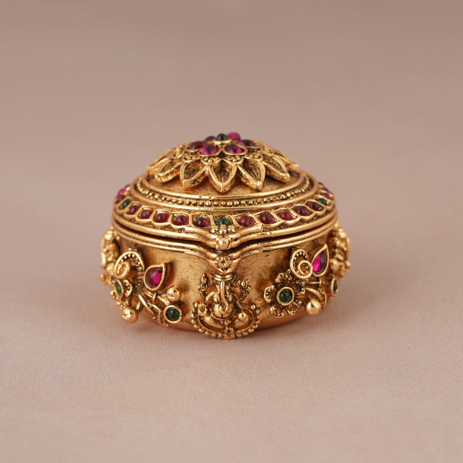 Stunning antique gold floral ruby stone Ganesh sindoor box I Temple Jewellery