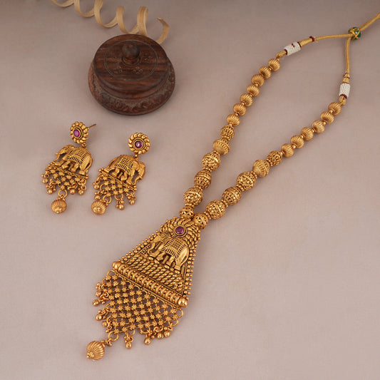 Royal antique gold long elephant inspired necklace set