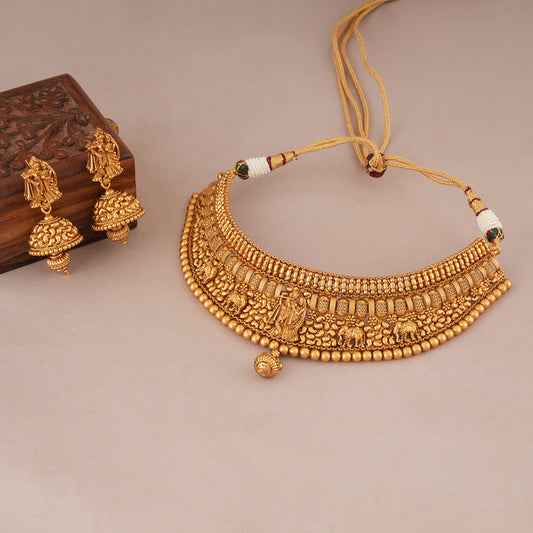 Stunning antique gold Radha Krishna choker necklace set I Temple Jewellery