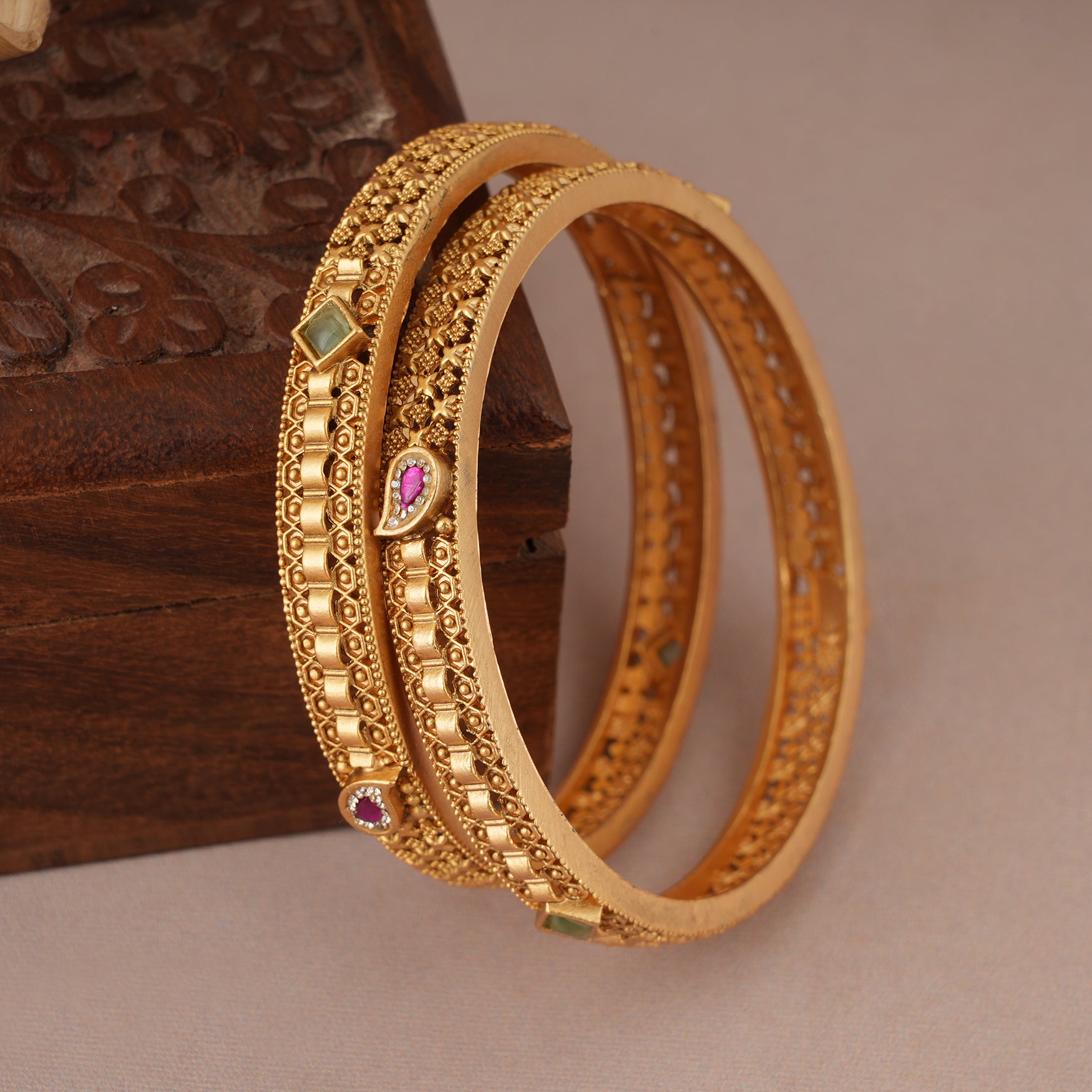 Cute antique gold mint stone bangle set