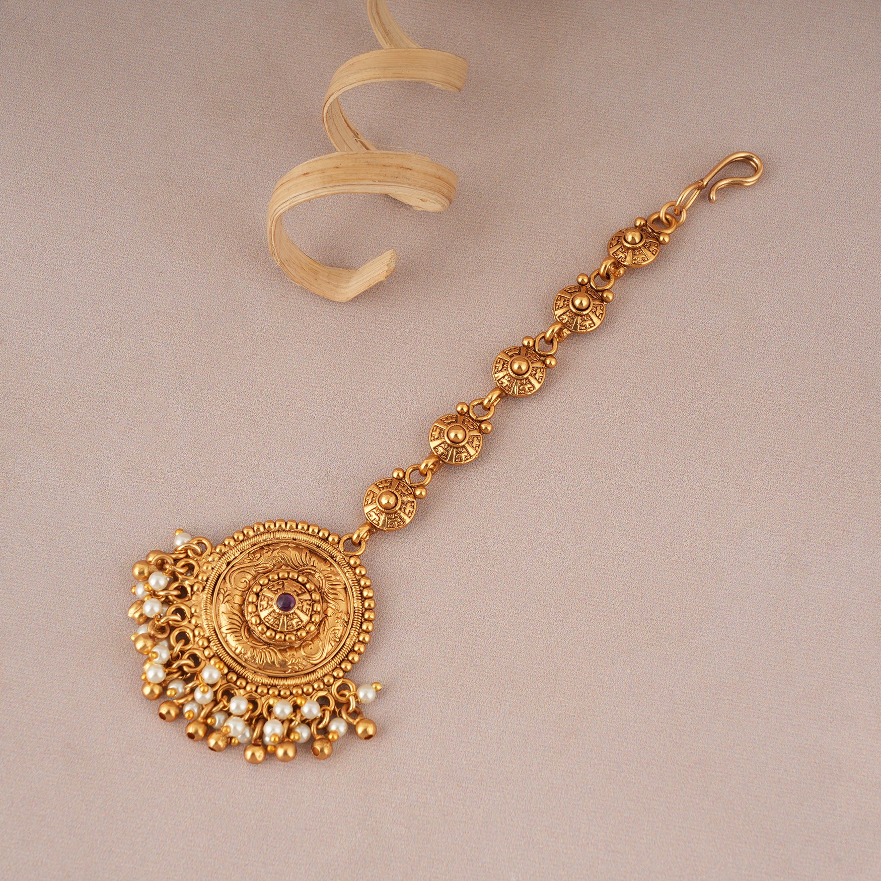 Cute antique gold round pearl drop maangtika