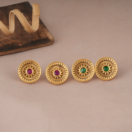 Cute round gold plated stone antique stud earring