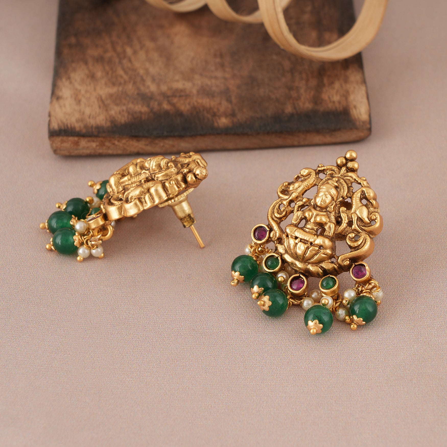 Cute maa lakshmi antique gold stone earring I Temple Jewellery