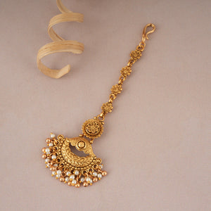 Cute antique gold pearl drop small maangtika