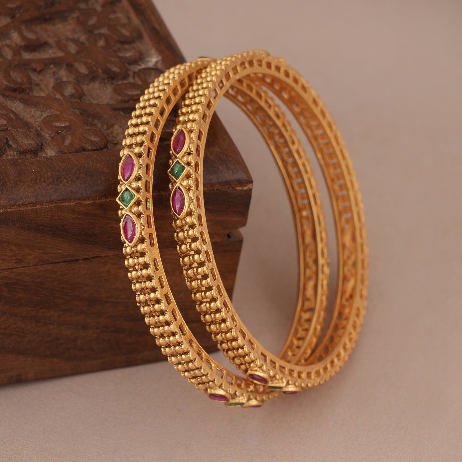 Sleek elegant stone antique gold bangle set for women