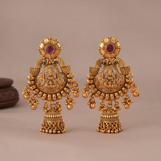 Gorgeous antique gold maa lakshmi jhumka earring for women I Temple Jewellery