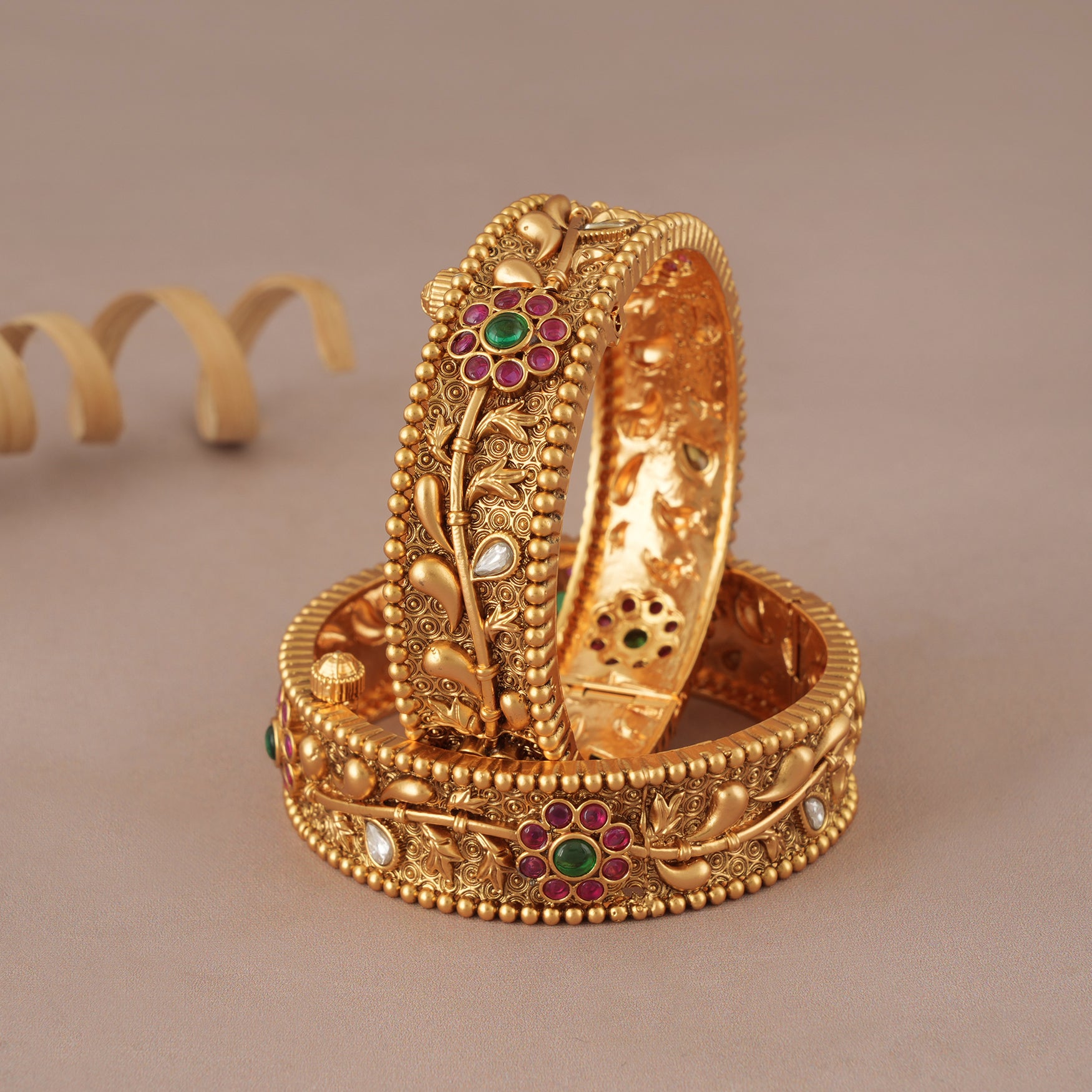 Amazing antique gold broad kada stone bangle set