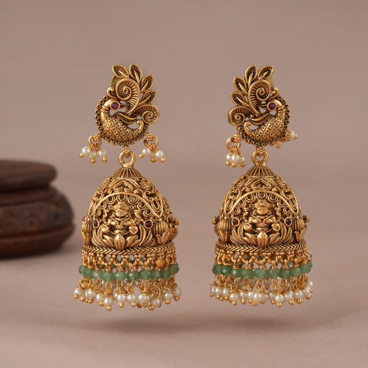 Stunning Long antique gold maa lakshmi jhumka earring for women