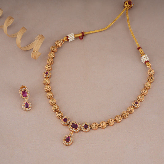 Cute gold plated ruby drop necklace set