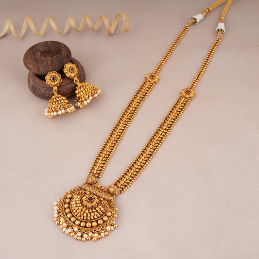 Amazing antique gold long pearl drop necklace set