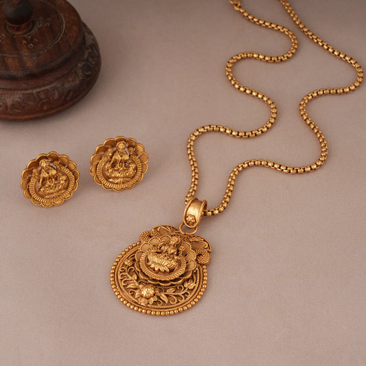 Stunning long antique gold maa lakshmi pendant set