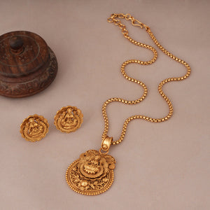 Stunning long antique gold maa lakshmi pendant set