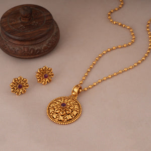 Cute floral antique gold long pendant set with earring