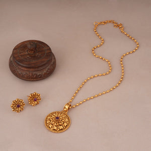 Cute floral antique gold long pendant set with earring