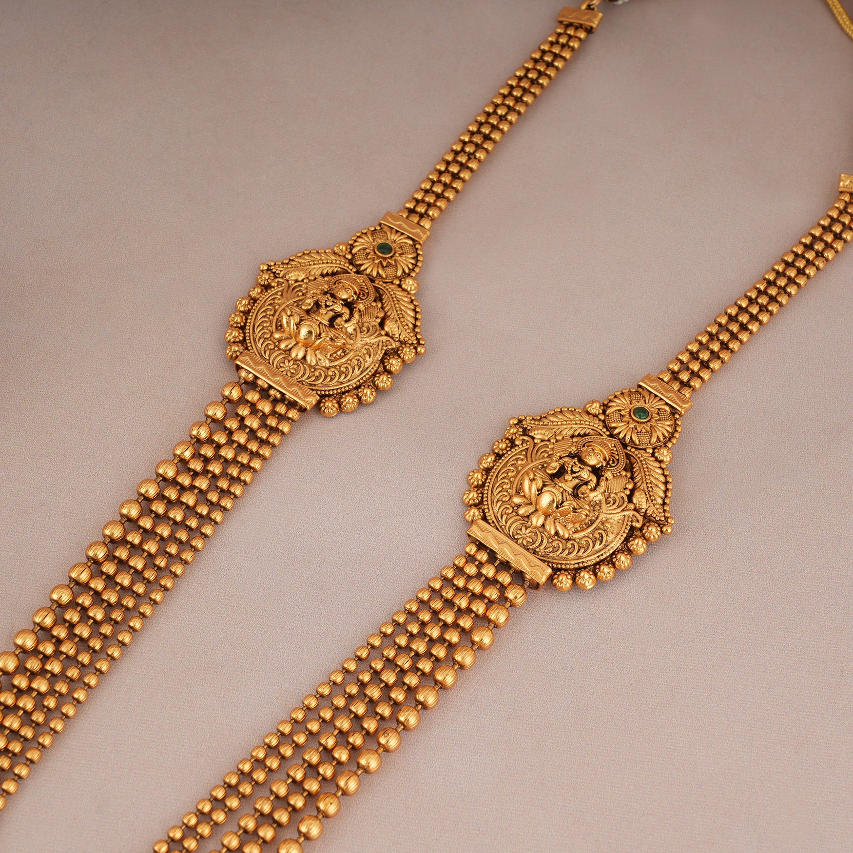 Long antique gold maa lakshmi ball necklace set