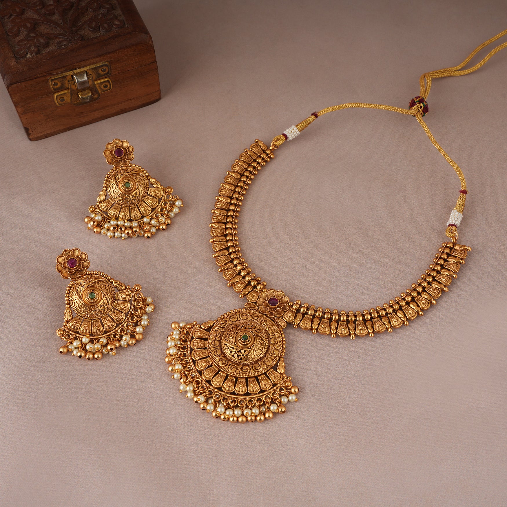 Royal antique gold plated pearl drop necklace set with earring