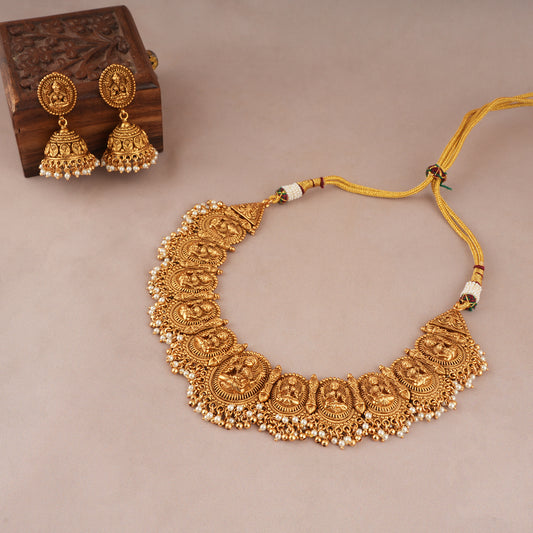 Royal antique gold maa lakhsmi pearl drop necklace set with earring I Temple Jewellery