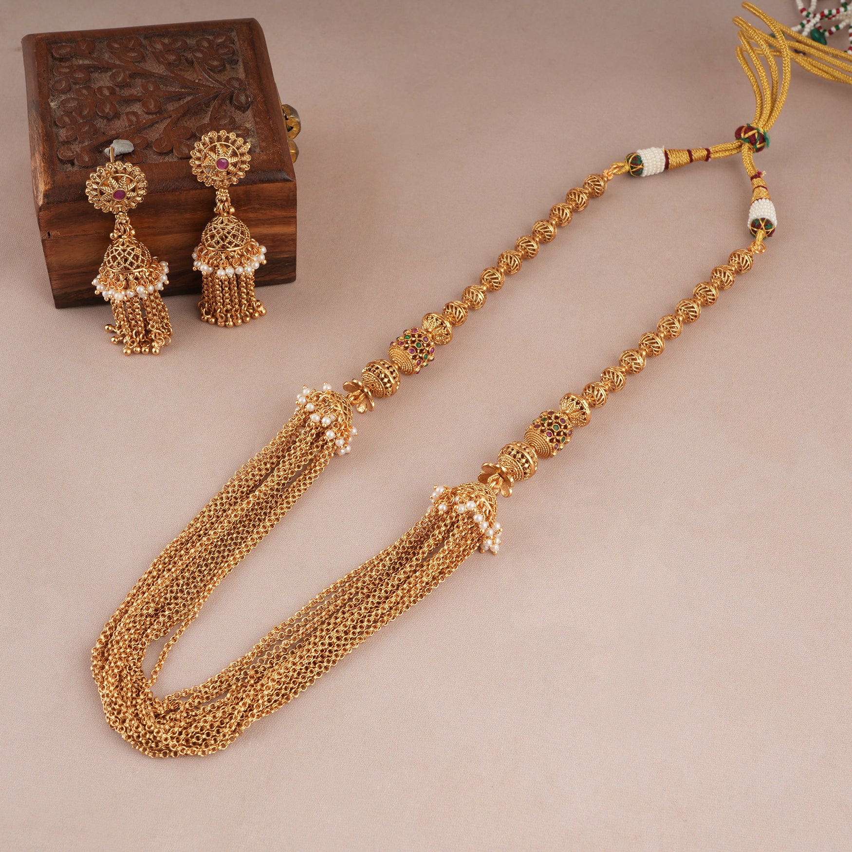 Stunning antique gold chain fall necklace set with jhumka earring