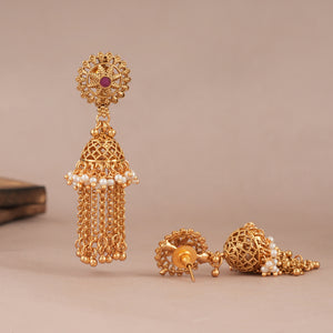 Stunning antique gold chain fall necklace set with jhumka earring