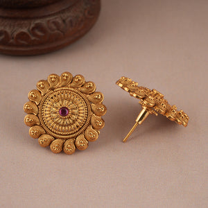 Cute round floral antique gold ruby stone stud earring